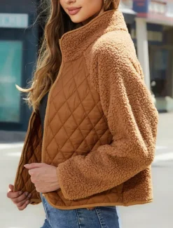 Women's Fleece Jacket Warm Zipper Fashion Modern Casual Plain Work Daily Wear Zipper Short Stand Collar Loose Fit Long Sleeve Outerwear Black White Red Fall Winter