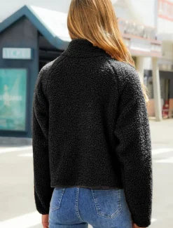 Women's Fleece Jacket Warm Zipper Fashion Modern Casual Plain Work Daily Wear Zipper Short Stand Collar Loose Fit Long Sleeve Outerwear Black White Red Fall Winter