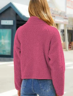 Women's Fleece Jacket Warm Zipper Fashion Modern Casual Plain Work Daily Wear Zipper Short Stand Collar Loose Fit Long Sleeve Outerwear Black White Red Fall Winter