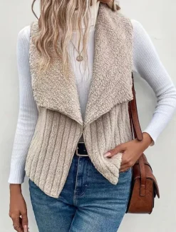 Women's Fleece Vest Warm Breathable Fleece Lined Casual Plain Vacation Street Daily Wear Going out Open Front Regular Turndown Regular Fit Sleeveless Outerwear White Khaki Gray Fall Winter