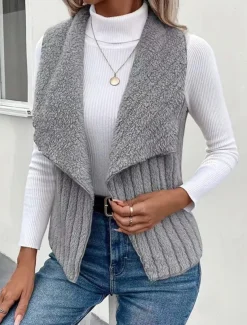 Women's Fleece Vest Warm Breathable Fleece Lined Casual Plain Vacation Street Daily Wear Going out Open Front Regular Turndown Regular Fit Sleeveless Outerwear White Khaki Gray Fall Winter