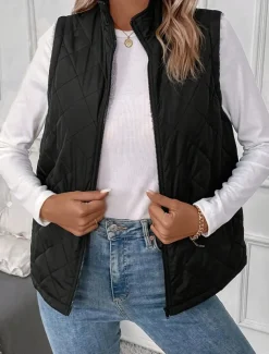Women's Fleece Vest Warm Breathable Zipper Pocket Fleece Lined Casual Plain Vacation Street Daily Wear Going out Zipper Regular Stand Collar Regular Fit Sleeveless Outerwear Black Fall Winter