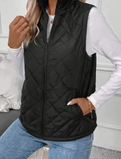 Women's Fleece Vest Warm Breathable Zipper Pocket Fleece Lined Casual Plain Vacation Street Daily Wear Going out Zipper Regular Stand Collar Regular Fit Sleeveless Outerwear Black Fall Winter