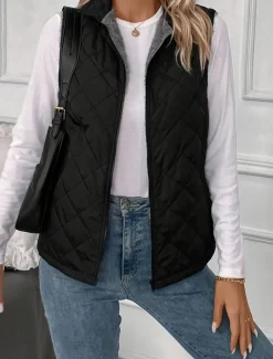 Women's Fleece Vest Warm Breathable Zipper Pocket Fleece Lined Casual Plain Vacation Street Daily Wear Going out Zipper Regular Stand Collar Regular Fit Sleeveless Outerwear Black Fall Winter