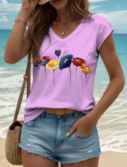 Women's Floral Camisole Tank Top Vintage Stylish Classic Sleeveless Short Sleeve V Neck Regular Tops Daily Print Black White Yellow Pink Blue Summer Spring