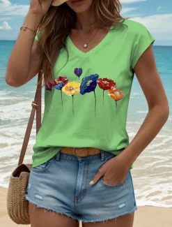 Women's Floral Camisole Tank Top Vintage Stylish Classic Sleeveless Short Sleeve V Neck Regular Tops Daily Print Black White Yellow Pink Blue Summer Spring