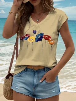 Women's Floral Camisole Tank Top Vintage Stylish Classic Sleeveless Short Sleeve V Neck Regular Tops Daily Print Black White Yellow Pink Blue Summer Spring