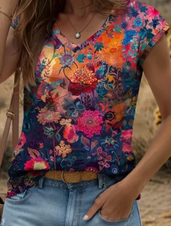 Women's Floral Camisole Tank Top Graphic Plants Vintage Stylish Classic Sleeveless Short Sleeve V Neck Regular Tops Daily Print Yellow Red Blue Purple Green Summer Spring