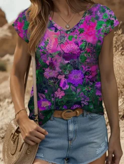 Women's Floral Camisole Tank Top Graphic Plants Vintage Stylish Classic Sleeveless Short Sleeve V Neck Regular Tops Daily Print Yellow Red Blue Purple Green Summer Spring