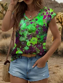 Women's Floral Camisole Tank Top Graphic Plants Vintage Stylish Classic Sleeveless Short Sleeve V Neck Regular Tops Daily Print Yellow Red Blue Purple Green Summer Spring