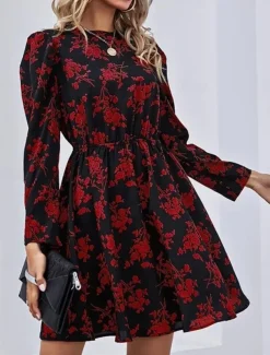 Women's Floral Crew Neck Maxi Dress Long Sleeve Spring Fall