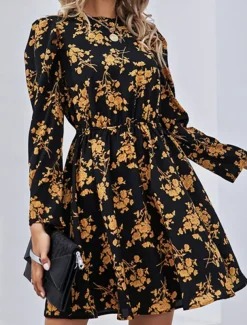 Women's Floral Crew Neck Maxi Dress Long Sleeve Spring Fall