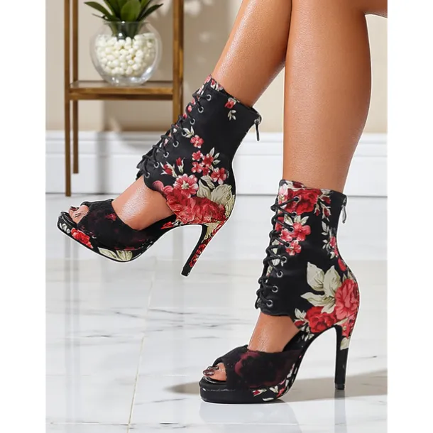 Women's Floral Dance Boots - Satin Peep Toe High Heel Professional Latin Ballroom Shoes with Elegant Rose Print, Ideal for Salsa, Tango and Stage Performances