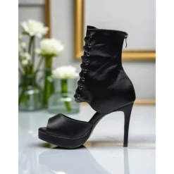 Women's Floral Dance Boots - Satin Peep Toe High Heel Professional Latin Ballroom Shoes with Elegant Rose Print, Ideal for Salsa, Tango and Stage Performances