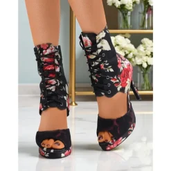 Women's Floral Dance Boots - Satin Peep Toe High Heel Professional Latin Ballroom Shoes with Elegant Rose Print, Ideal for Salsa, Tango and Stage Performances