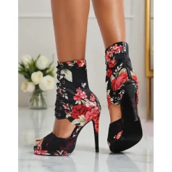 Women's Floral Dance Boots - Satin Peep Toe High Heel Professional Latin Ballroom Shoes with Elegant Rose Print, Ideal for Salsa, Tango and Stage Performances