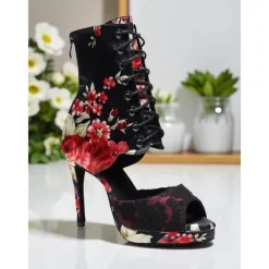 Women's Floral Dance Boots - Satin Peep Toe High Heel Professional Latin Ballroom Shoes with Elegant Rose Print, Ideal for Salsa, Tango and Stage Performances