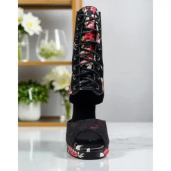 Women's Floral Dance Boots - Satin Peep Toe High Heel Professional Latin Ballroom Shoes with Elegant Rose Print, Ideal for Salsa, Tango and Stage Performances