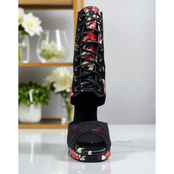 Women's Floral Dance Boots - Satin Peep Toe High Heel Professional Latin Ballroom Shoes with Elegant Rose Print, Ideal for Salsa, Tango and Stage Performances
