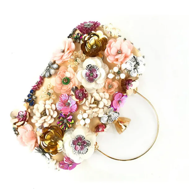 Women's Floral Embellished Evening Clutch – 3D Flower Handbag with Gold Chain Strap for Weddings, Proms, and Formal Parties