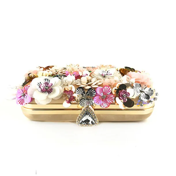 Women's Floral Embellished Evening Clutch – 3D Flower Handbag with Gold Chain Strap for Weddings, Proms, and Formal Parties