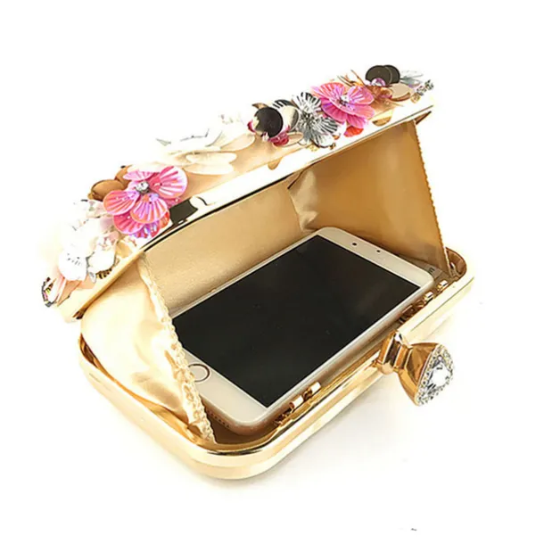 Women's Floral Embellished Evening Clutch – 3D Flower Handbag with Gold Chain Strap for Weddings, Proms, and Formal Parties