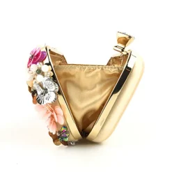 Women's Floral Embellished Evening Clutch – 3D Flower Handbag with Gold Chain Strap for Weddings, Proms, and Formal Parties