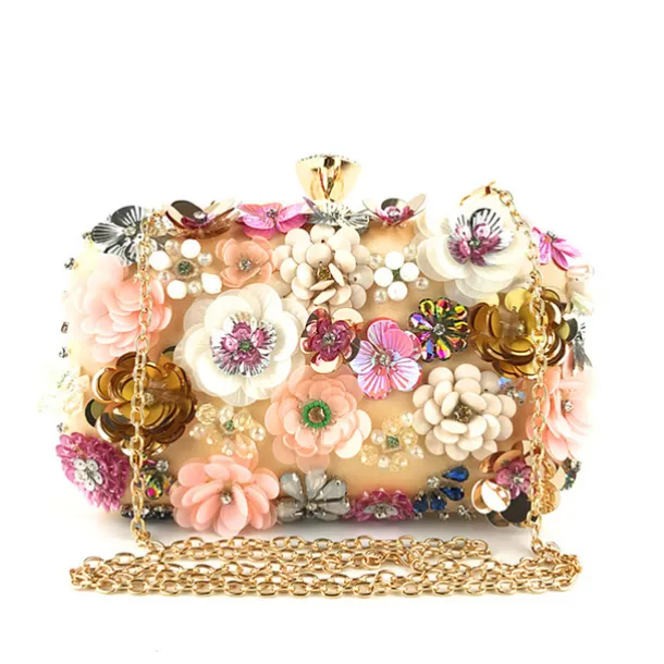 Women's Floral Embellished Evening Clutch – 3D Flower Handbag with Gold Chain Strap for Weddings, Proms, and Formal Parties
