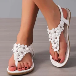 Women's Floral Embellished T-Strap Sandals with Cushioned Sole – Perfect for Casual Summer Outings