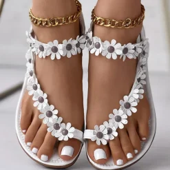 Women's Floral Embellished T-Strap Sandals with Cushioned Sole – Perfect for Casual Summer Outings