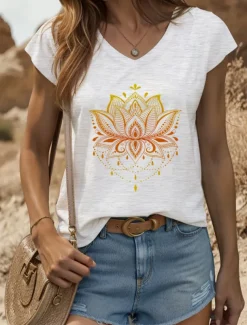 Women's Floral Graphic Geometric Camisole Tank Top Vintage Stylish Classic Sleeveless Short Sleeve V Neck Regular Tops Daily Print Black White Red Blue Purple Summer Spring