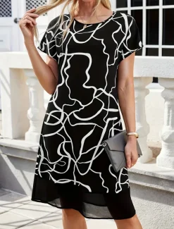 Women's Floral Lace Crew Neck Lace Sleeve Midi Dress Short Sleeve Summer