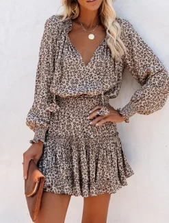 Women's Floral Leopard Ruched Ruffle V Neck Mini Dress Daily Vacation Long Sleeve Summer Spring