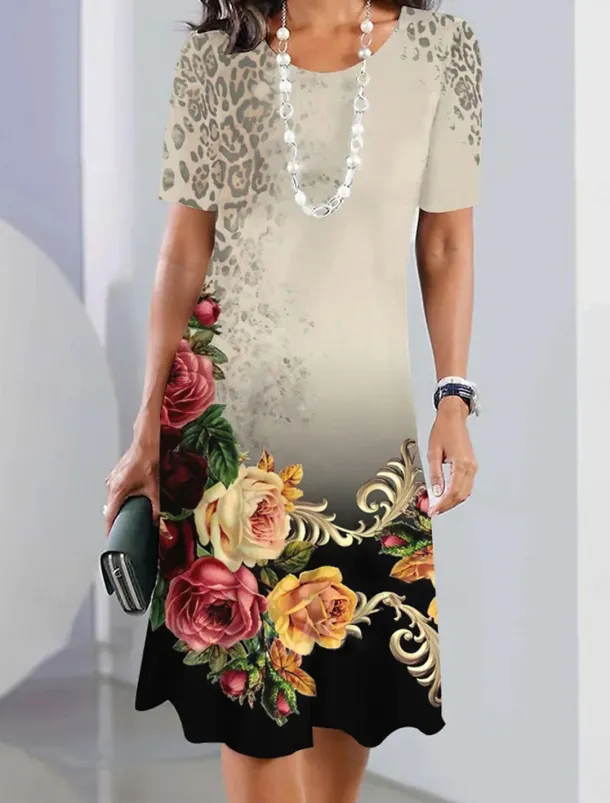 Women's Floral Print Crew Neck Mini Dress Stylish Formal Cocktail Party Short Sleeve Summer