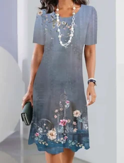 Women's Floral Print Crew Neck Mini Dress Stylish Formal Cocktail Party Short Sleeve Summer