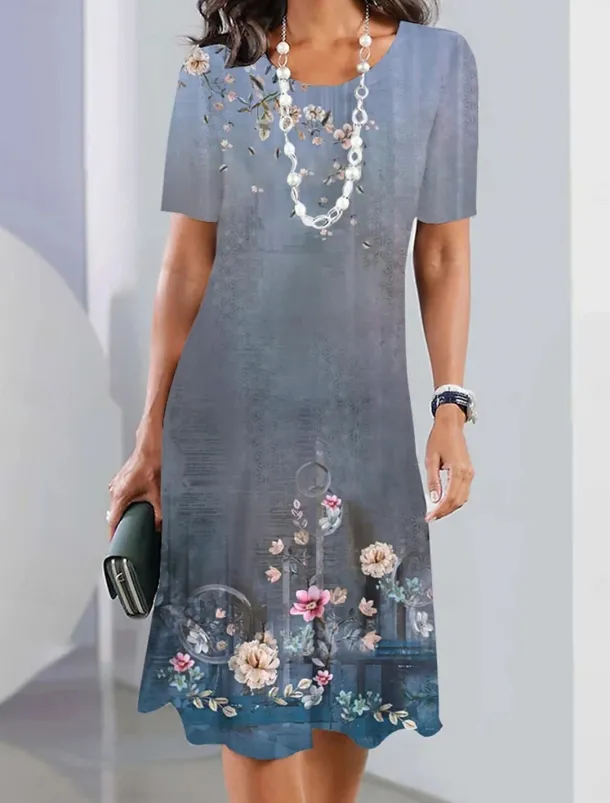 Women's Floral Print Crew Neck Mini Dress Stylish Formal Cocktail Party Short Sleeve Summer