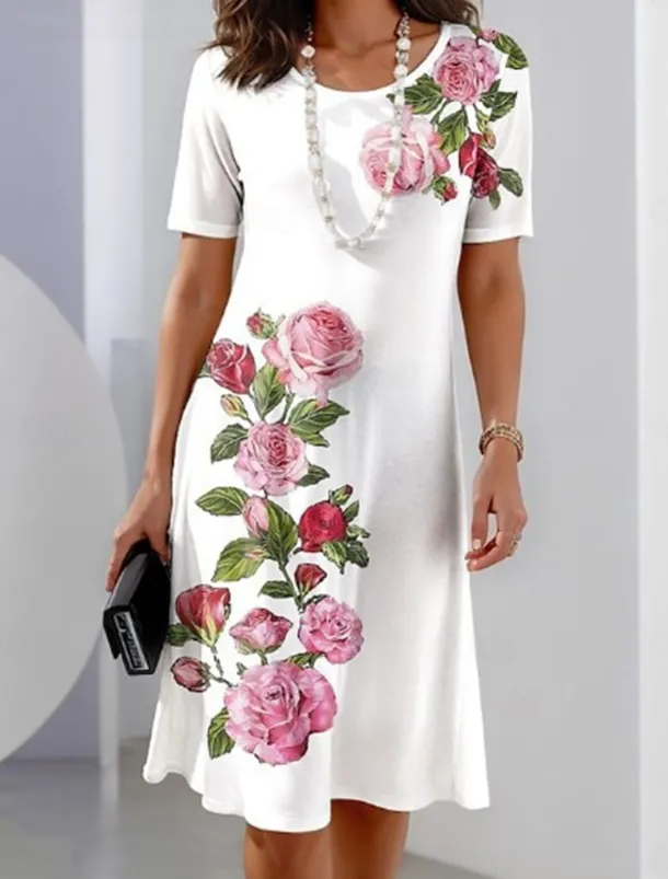 Women's Floral Print Crew Neck Mini Dress Stylish Formal Cocktail Party Short Sleeve Summer
