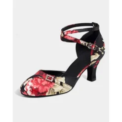 Women's Floral Satin Latin Dance Heels – Elegant Strappy Ballroom Shoes for Performances & Salsa Practice