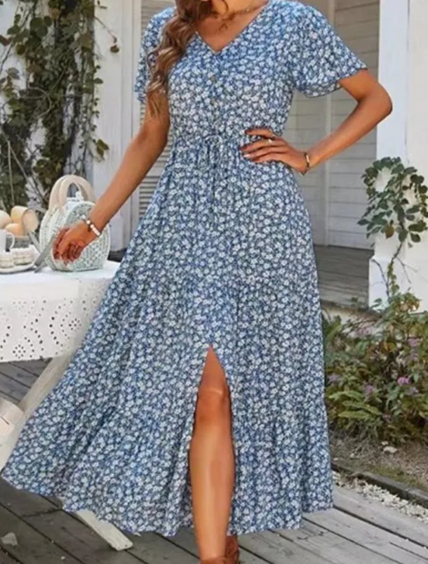 Women's Floral Split Print V Neck Midi Dress Boho Daily Vacation Short Sleeve Summer