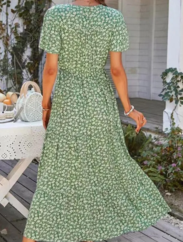 Women's Floral Split Print V Neck Midi Dress Boho Daily Vacation Short Sleeve Summer
