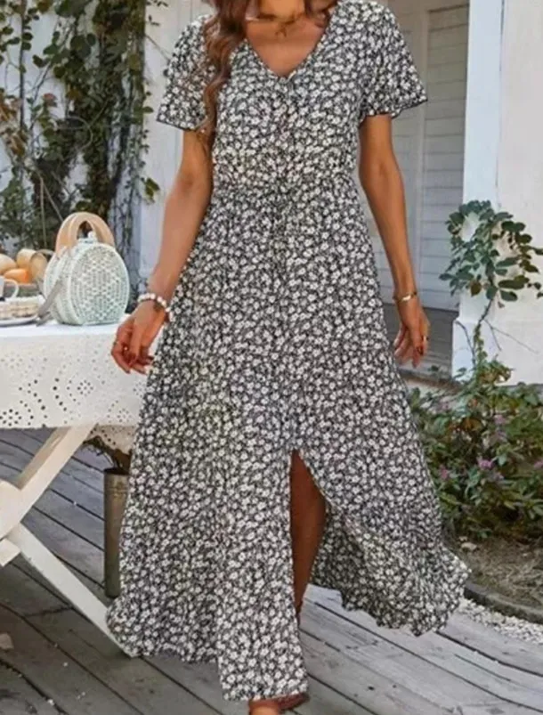 Women's Floral Split Print V Neck Midi Dress Boho Daily Vacation Short Sleeve Summer