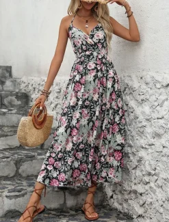Women's Floral Strap Midi Dress Sleeveless Summer Spring