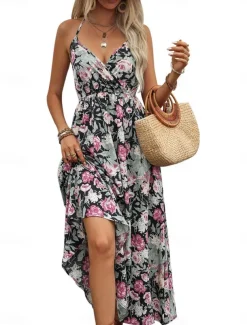 Women's Floral Strap Midi Dress Sleeveless Summer Spring