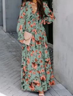 Women's Floral V Neck Maxi Dress Long Sleeve Spring Fall