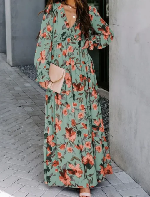 Women's Floral V Neck Maxi Dress Long Sleeve Spring Fall