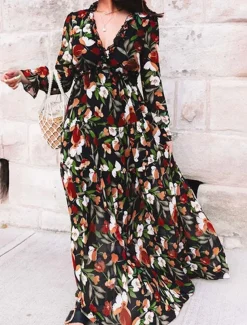 Women's Floral V Neck Maxi Dress Long Sleeve Spring Fall