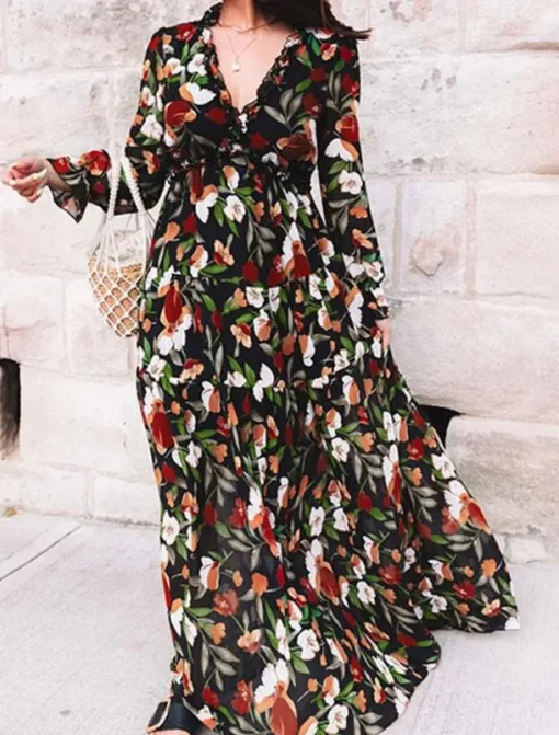 Women's Floral V Neck Maxi Dress Long Sleeve Spring Fall