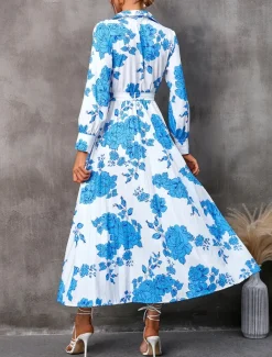 Women's Floral V Neck Midi Dress Long Sleeve Spring Fall