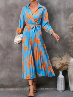 Women's Floral V Neck Midi Dress Long Sleeve Spring Fall