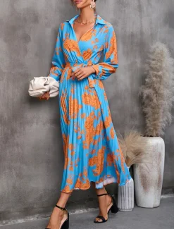 Women's Floral V Neck Midi Dress Long Sleeve Spring Fall